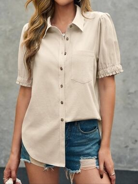 Casual Puff Sleeve Button-Front Top - Cream